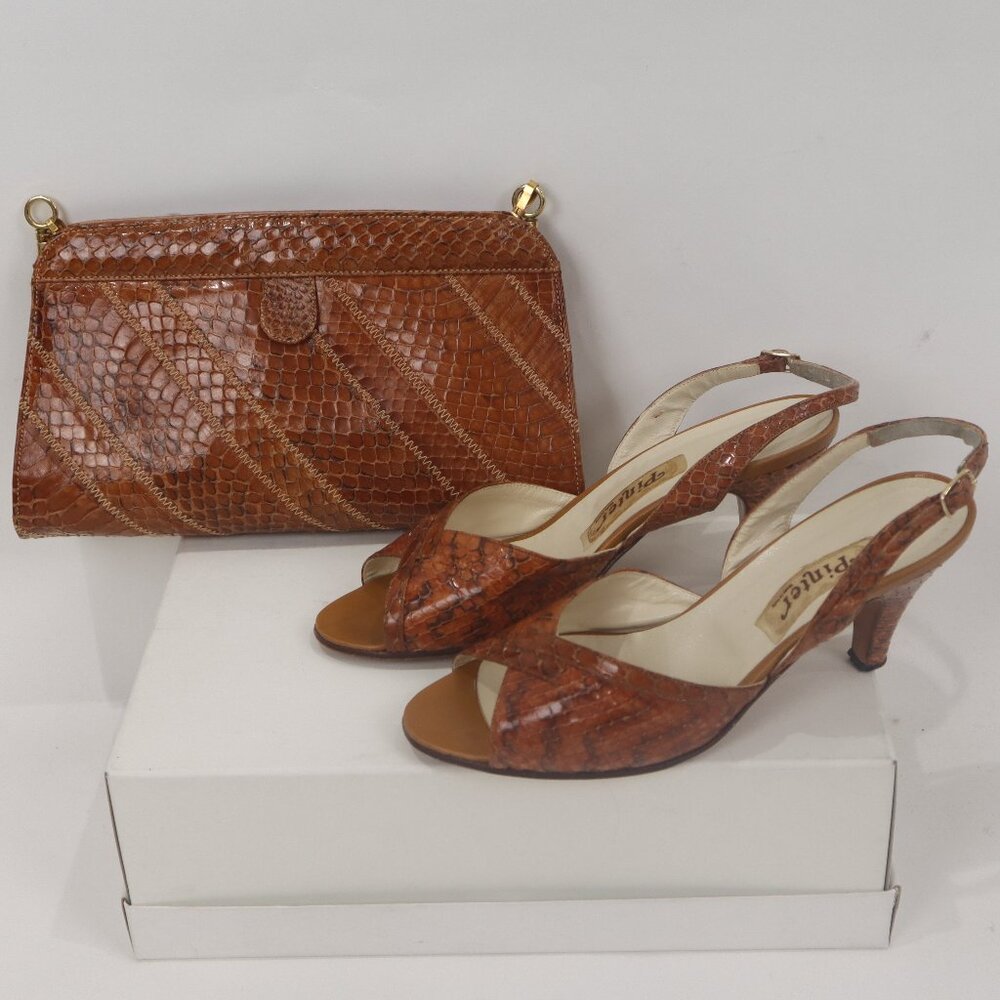 Vtg 80's Snakeskin Purse Handbag Clutch Matching Slingback Shoes Pinter Sz 5.5